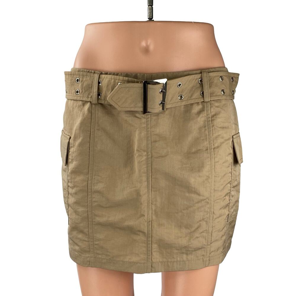 NEW NA-KD Tan Beige Khaki Low Waist Belted Utility Cargo Mini Skirt Size 6